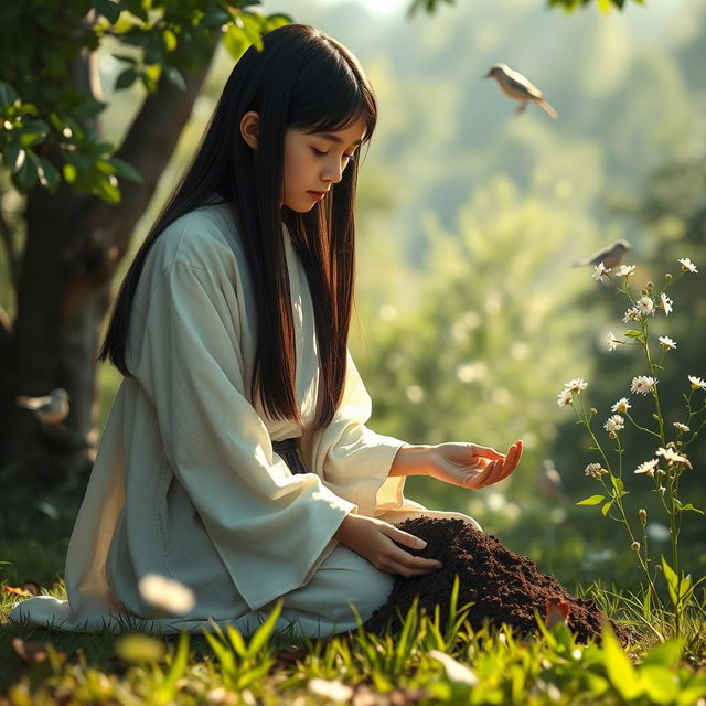 A young mystic with straight black hair, wearing a flowing white robe, is kneeling on the ground