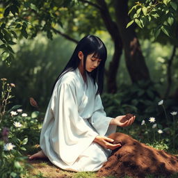 A young mystic with straight black hair, wearing a flowing white robe, is kneeling on the ground