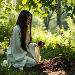 A young mystic with straight black hair, wearing a flowing white robe, is kneeling on the ground