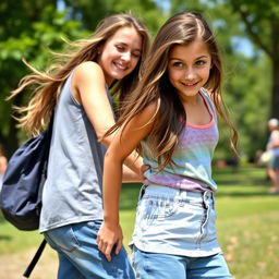 A playful scene capturing a girl gently touching the pant chain of a boy from behind, both are in casual outdoor clothing