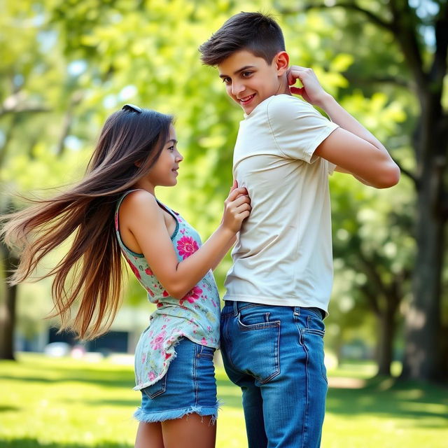 A playful scene capturing a girl gently touching the pant chain of a boy from behind, both are in casual outdoor clothing