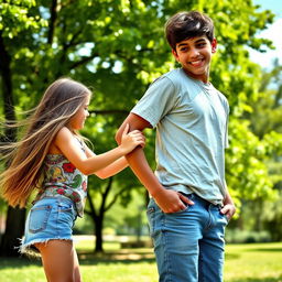 A playful scene capturing a girl gently touching the pant chain of a boy from behind, both are in casual outdoor clothing