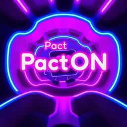 A playful and dynamic neon-style artwork featuring a square-shaped character inspired by Pacman navigating a maze with rounded corners