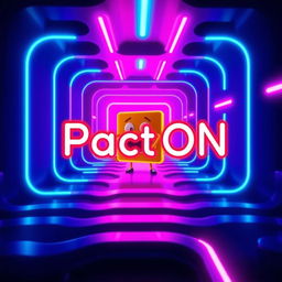 A playful and dynamic neon-style artwork featuring a square-shaped character inspired by Pacman navigating a maze with rounded corners