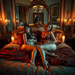 A luxurious and intimate bedroom setting, featuring two elegant strippers in a cozy bed