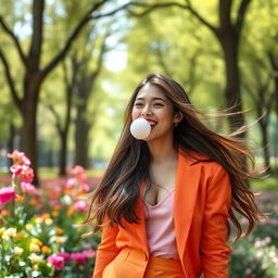 A young woman with flowing long hair, dressed in a stylish, brightly colored outfit, playfully blowing bubblegum, her expression full of joy and laughter