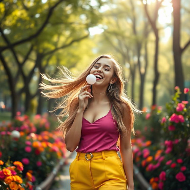 A young woman with flowing long hair, dressed in a stylish, brightly colored outfit, playfully blowing bubblegum, her expression full of joy and laughter