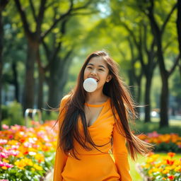 A young woman with flowing long hair, dressed in a stylish, brightly colored outfit, playfully blowing bubblegum, her expression full of joy and laughter