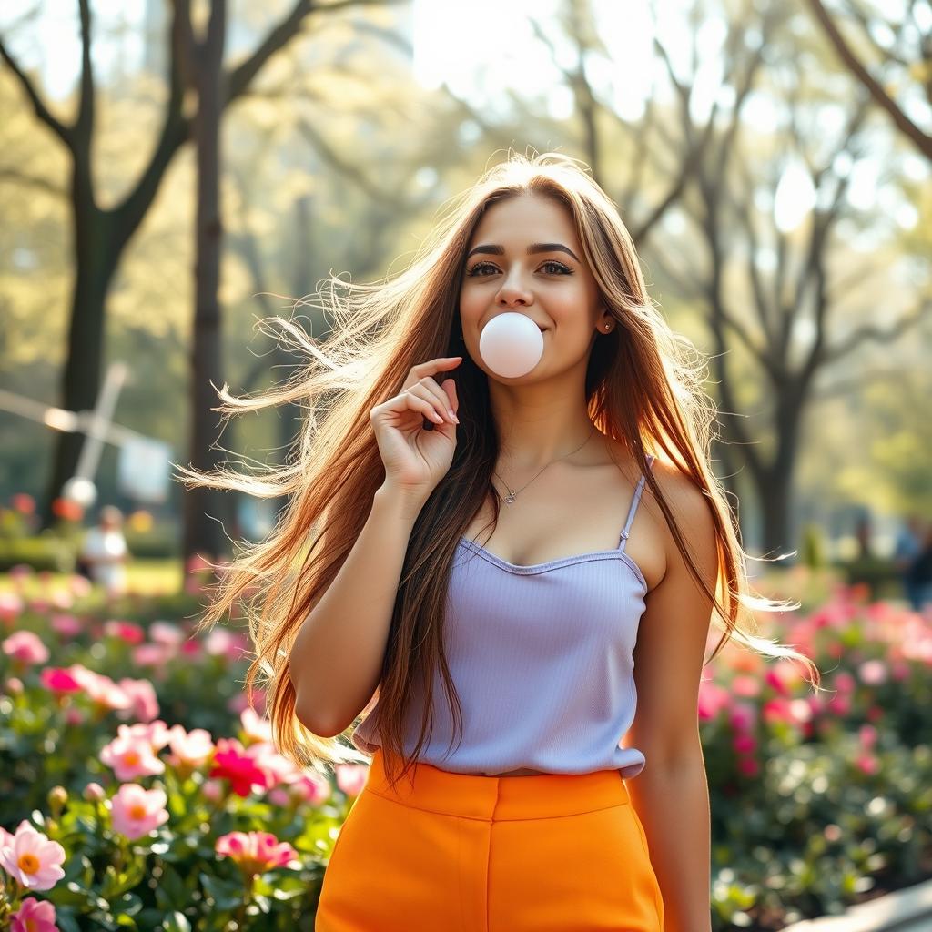 A young woman with flowing long hair, dressed in a stylish, brightly colored outfit, playfully blowing bubblegum, her expression full of joy and laughter