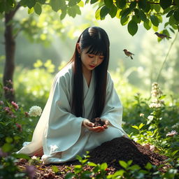 A young mystic with straight black hair, clad in a flowing white robe, is gently kneeling on the earth