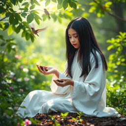 A young mystic with straight black hair, clad in a flowing white robe, is gently kneeling on the earth