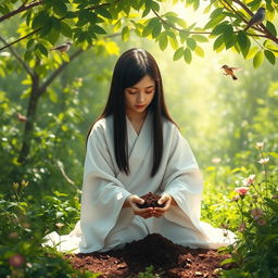 A young mystic with straight black hair, clad in a flowing white robe, is gently kneeling on the earth