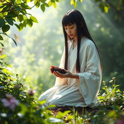A young mystic with straight black hair, clad in a flowing white robe, is gently kneeling on the earth