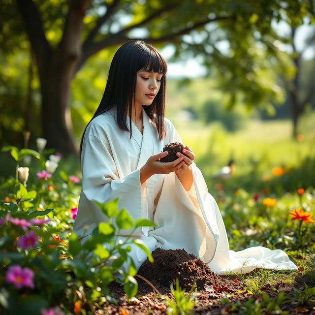 A young mystic with straight black hair, dressed in a flowing white robe, is kneeling in a serene outdoor setting