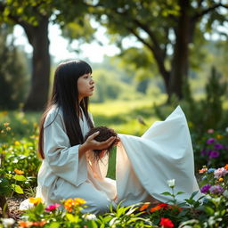 A young mystic with straight black hair, dressed in a flowing white robe, is kneeling in a serene outdoor setting