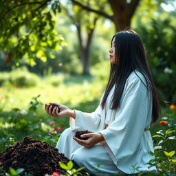 A young mystic with straight black hair, dressed in a flowing white robe, is kneeling in a serene outdoor setting