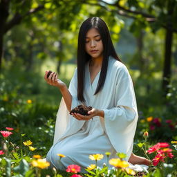 A young mystic with straight black hair, dressed in a flowing white robe, is kneeling in a serene outdoor setting