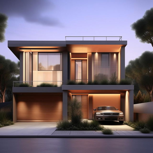 Construct a three-story building on a 30ft x 30ft plot with a garage on the right side. The building should exhibit a modern architectural style.