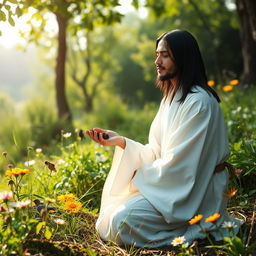 A young Sufi mystic with straight black hair, wearing a flowing white robe that is distinct and elegant, unlike Japanese kimono styles, kneels in a serene natural setting