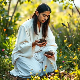 A young Sufi mystic with straight black hair, wearing a flowing white robe that is distinct and elegant, unlike Japanese kimono styles, kneels in a serene natural setting