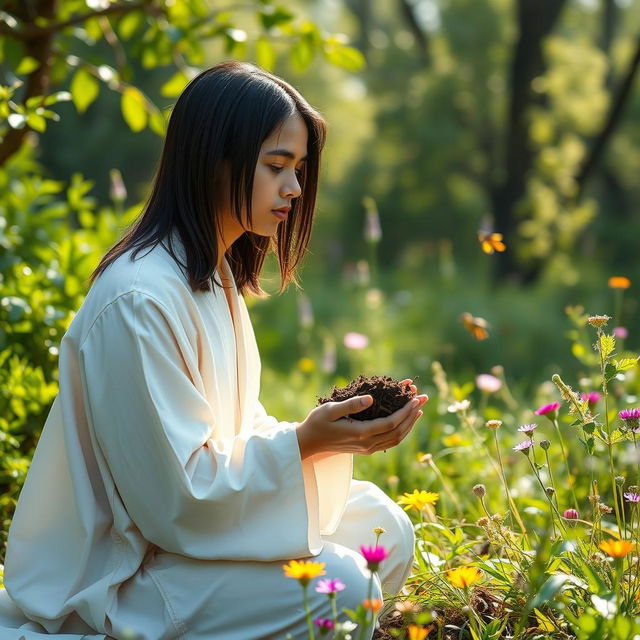 A young Sufi mystic with straight black hair, wearing a flowing white robe that is distinct and elegant, unlike Japanese kimono styles, kneels in a serene natural setting