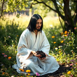 A young Sufi mystic with straight black hair, dressed in a flowing white robe that is distinctly styled and not resembling a kimono or any Japanese attire