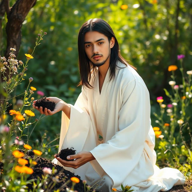 A young Sufi mystic with straight black hair, dressed in a flowing white robe that is distinctly styled and not resembling a kimono or any Japanese attire