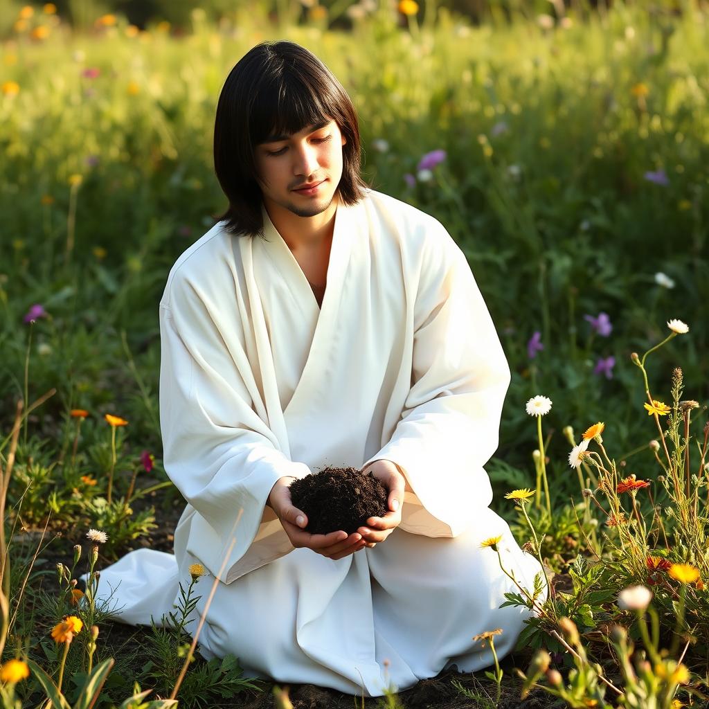 A young Sufi mystic with straight black hair, dressed in a flowing white robe that is distinctly styled and not resembling a kimono or any Japanese attire