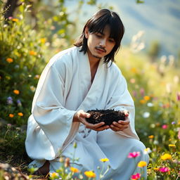 A young Sufi mystic with straight black hair, dressed in a flowing white robe that is distinctly styled and not resembling a kimono or any Japanese attire