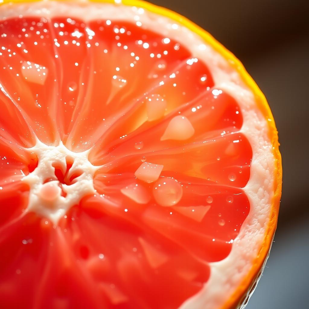 A close-up view of a grapefruit, showcasing its vibrant pink and yellow colors