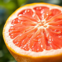 A close-up view of a grapefruit, showcasing its vibrant pink and yellow colors