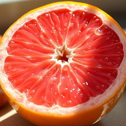 A close-up view of a grapefruit, showcasing its vibrant pink and yellow colors