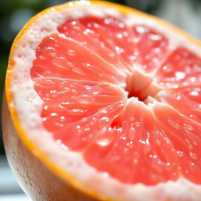 A close-up view of a grapefruit, showcasing its vibrant pink and yellow colors