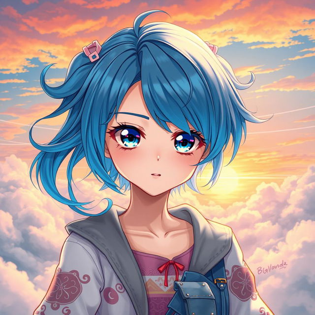 A stunning digital artwork featuring a blue-haired anime girl with striking features