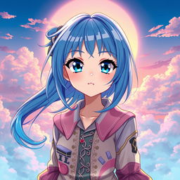 A stunning digital artwork featuring a blue-haired anime girl with striking features