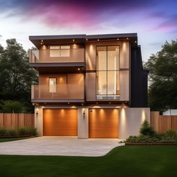 Create an image of a beautifully designed three-story building on a 30ft x 30ft plot. The design includes a right-sided garage and employs elegant, modern architecture.