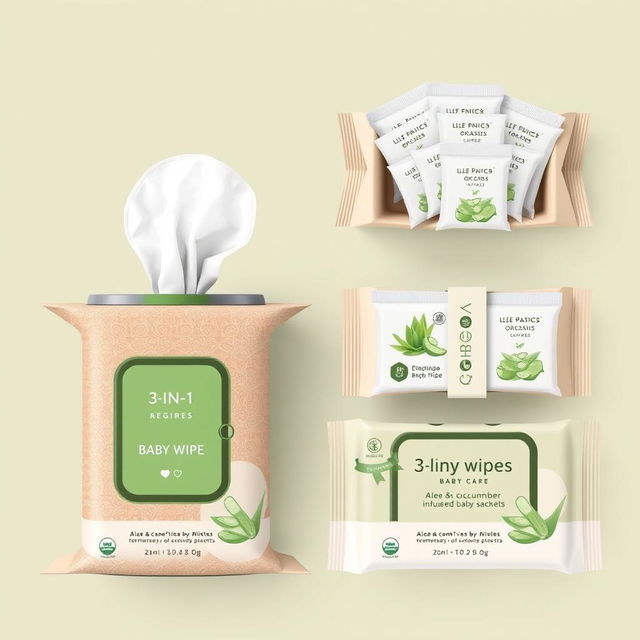 An appealing and premium packaging design for a 3-in-1 baby wipe product that focuses on hygiene, rash care, and skin care