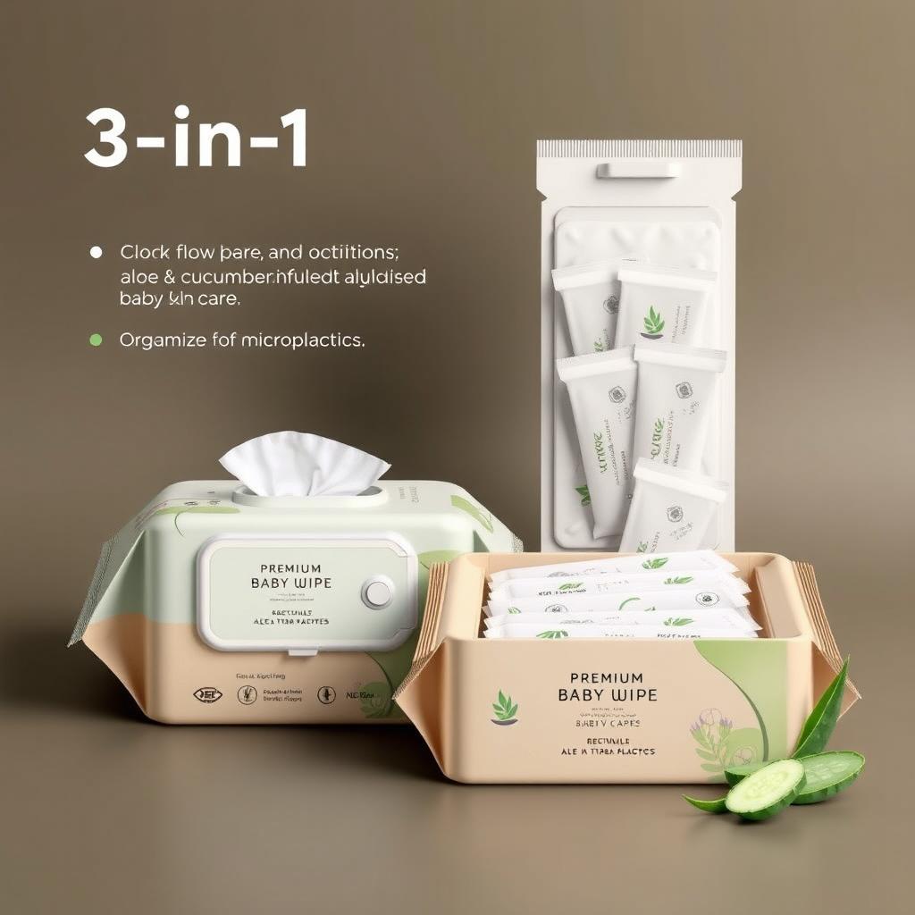 An appealing and premium packaging design for a 3-in-1 baby wipe product that focuses on hygiene, rash care, and skin care