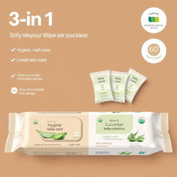 An appealing and premium packaging design for a 3-in-1 baby wipe product that focuses on hygiene, rash care, and skin care