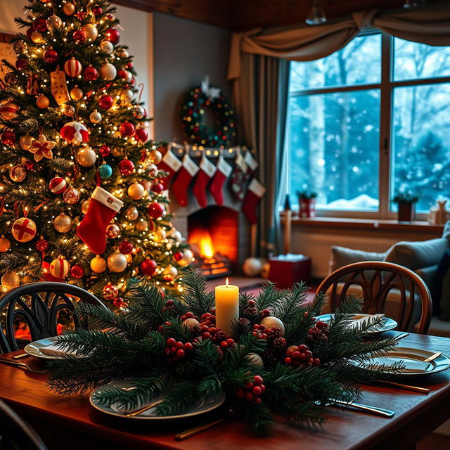 A stunning Christmas scene featuring a beautifully decorated Christmas tree adorned with twinkling lights and colorful ornaments