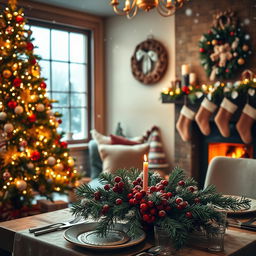 A stunning Christmas scene featuring a beautifully decorated Christmas tree adorned with twinkling lights and colorful ornaments