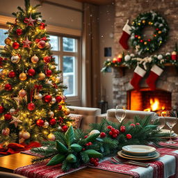 A stunning Christmas scene featuring a beautifully decorated Christmas tree adorned with twinkling lights and colorful ornaments