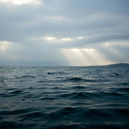 An evocative afternoon scene depicting a serene sea with gentle rain falling
