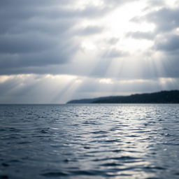 An evocative afternoon scene depicting a serene sea with gentle rain falling