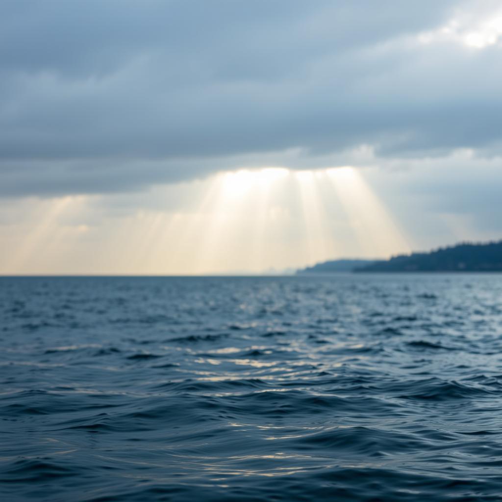 An evocative afternoon scene depicting a serene sea with gentle rain falling