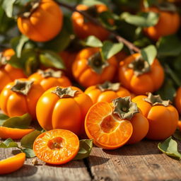 A beautiful display of ripe persimmons, showcasing their vibrant orange color and smooth skin