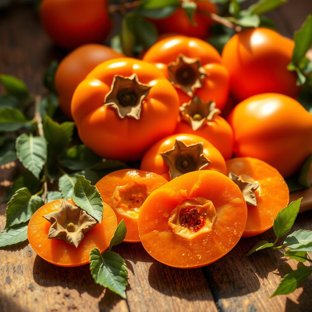 A beautiful display of ripe persimmons, showcasing their vibrant orange color and smooth skin