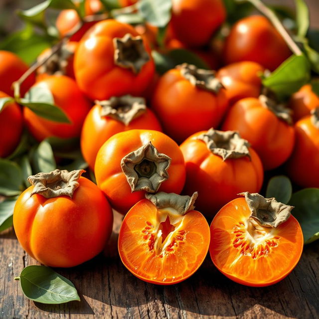 A beautiful display of ripe persimmons, showcasing their vibrant orange color and smooth skin