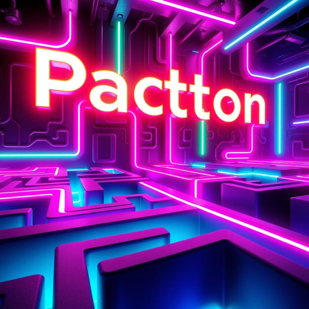 A vibrant neon-style maze with intricate pathways glowing in bright neon colors such as electric blue, hot pink, and neon green