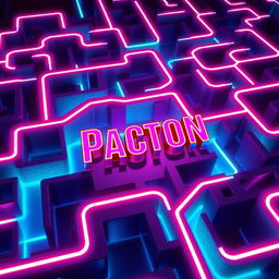 A vibrant neon-style maze with intricate pathways glowing in bright neon colors such as electric blue, hot pink, and neon green